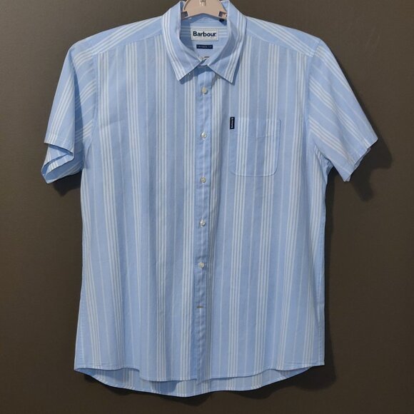 Barbour Blue/White Stripe Tailored Fit Short Sleeve Button Down Shirt MEN US L - Picture 4 of 7